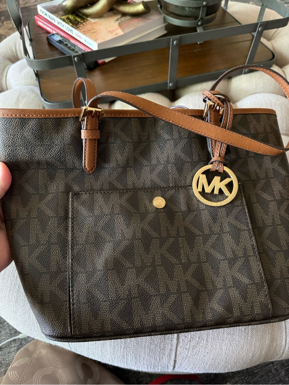 Michael Kors Brown Logo Tote with Gold MK Charm